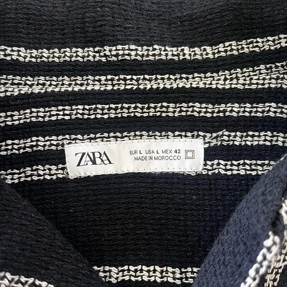 Zara Knit Button Up Camp Shirt Mens Medium Black White SS Stripe - Picture 3 of 5